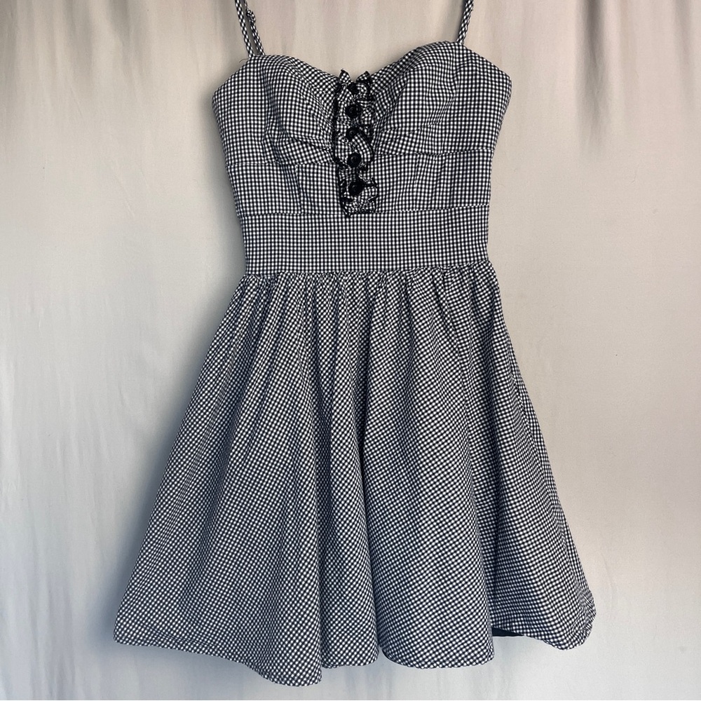 Bebe Black & White Gingham Bustier Mini Dress XXS Adjustable Straps Fit & Flare
